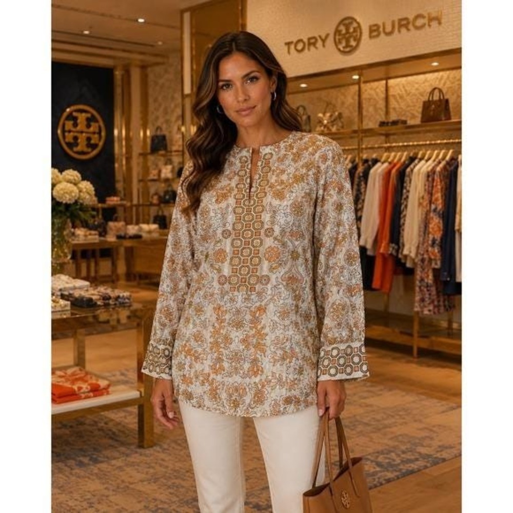 Tory Burch Floral Geometric Metallic Silk Blend Tunic Top Orange Tan Size M